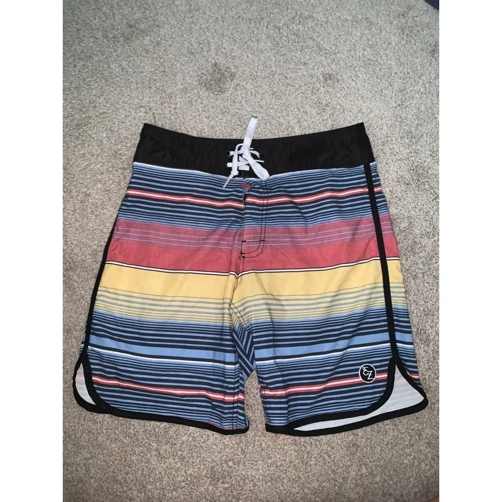 Ezekiel Mens Multi Color Striped Board Shorts Size 30 Swim Trunks Surf Scalloped